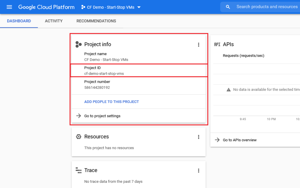 GCP Cloud Console Dashboard - Project info card for Cloud Functions prerequisites