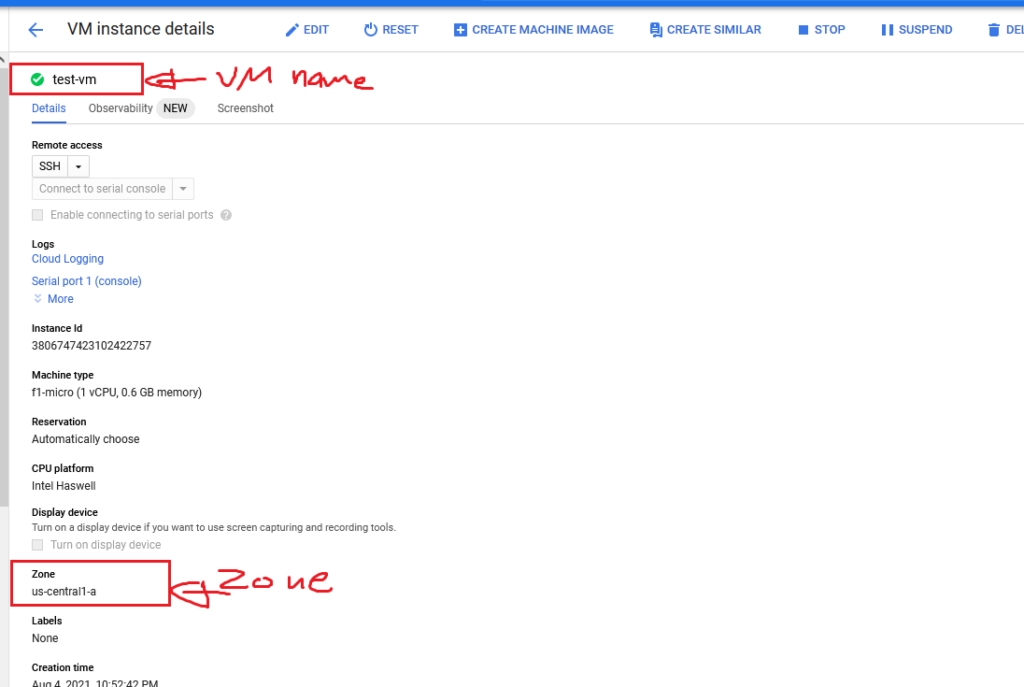 The properties of a VM in GCP - where the name and the zone values are show for the Cloud Functions prerequisites.